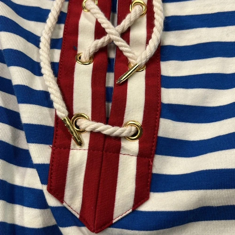 J. CREW Sammie Nautical Beach Baltic Stripe Lace Up 3/4 100% Cotton R/W/B Midi M